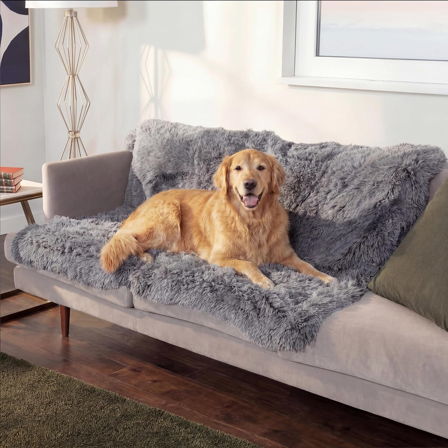 Waterproof Throw Blanket for Dogs & Indoor Cats, Reversible Protective Pet Blanket, Extra Large, Long Faux Fur & Velvet, Gray