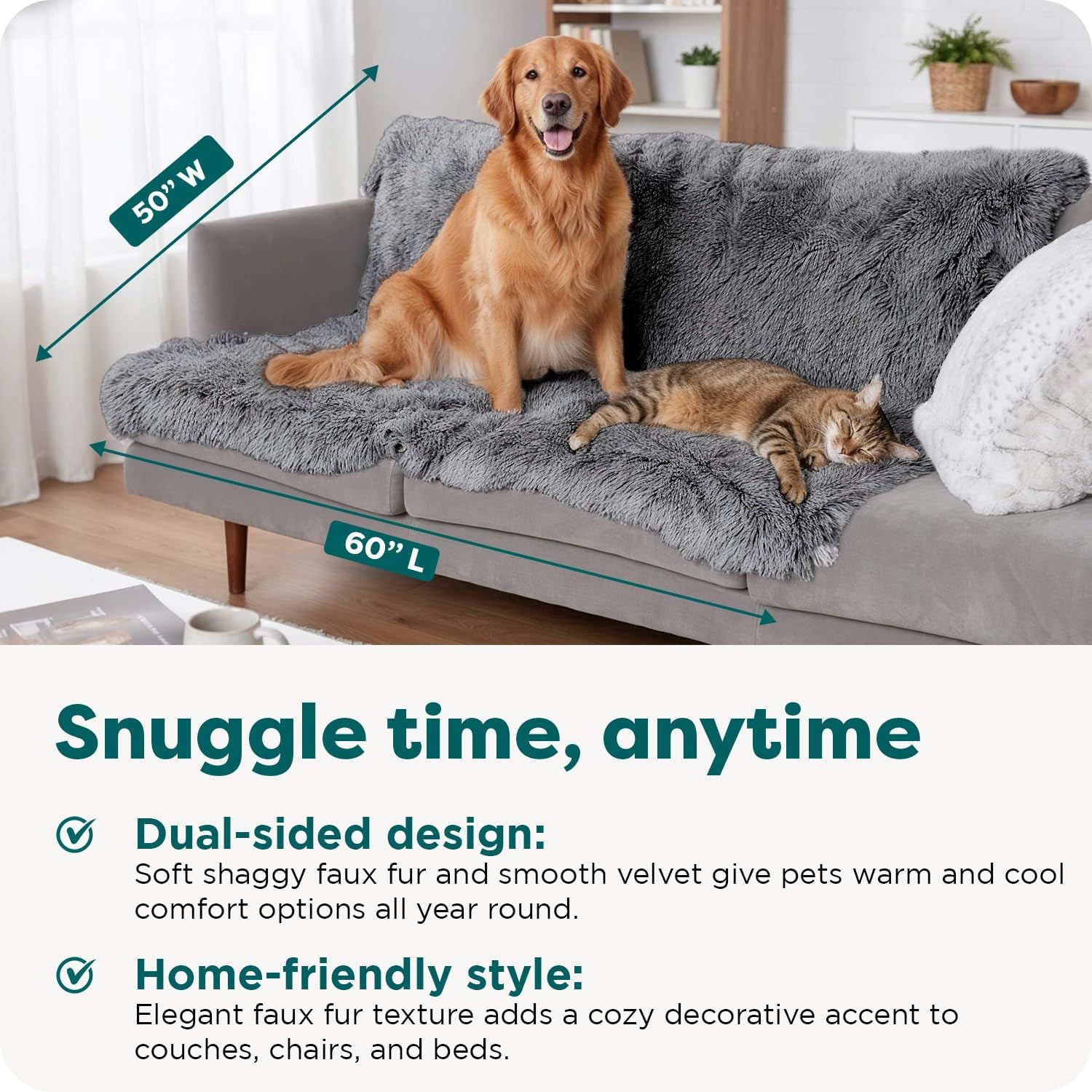 Waterproof Throw Blanket for Dogs & Indoor Cats, Reversible Protective Pet Blanket, Extra Large, Long Faux Fur & Velvet, Gray