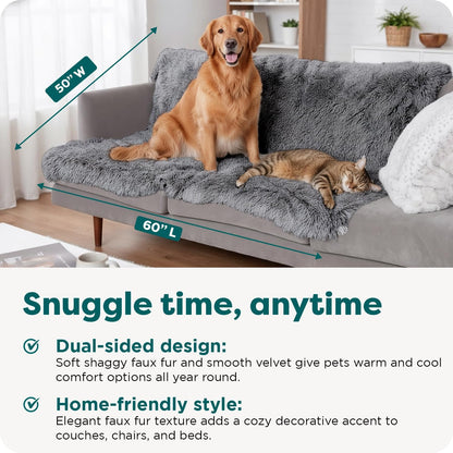 Waterproof Throw Blanket for Dogs & Indoor Cats, Reversible Protective Pet Blanket, Extra Large, Long Faux Fur & Velvet, Gray